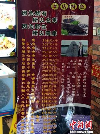 前后兩日，鰉魚頭并未在飯店公示的易拉寶菜牌上“明碼標價”。　王琳 攝