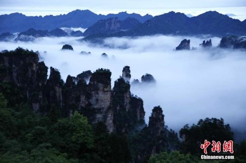 飄渺無形的云海穿梭在連綿峰林間，奇美無比。3