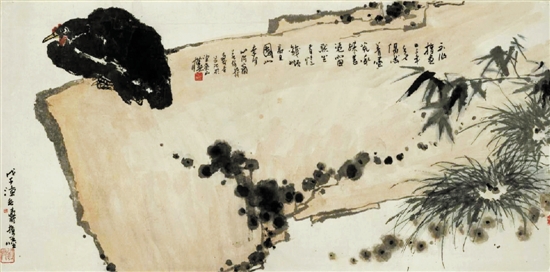 潘天壽 磐石墨雞圖 指墨 68×136.5cm 1948年