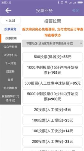 一款刷票APP的業(yè)務頁面，按投票數(shù)量、投票方式、投票快慢、投票時間等明碼標價。