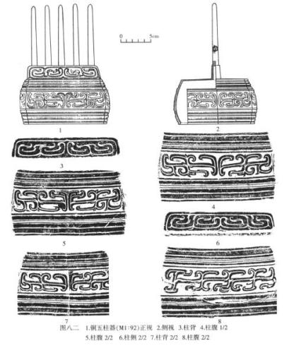 《屯溪土墩墓發(fā)掘報(bào)告》中對(duì)五柱器的介紹。圖片來(lái)源：《屯溪土墩墓發(fā)掘報(bào)告》