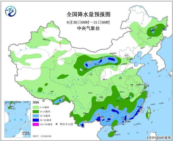 圖3 全國降水量預(yù)報圖(8月30日08時-31日08時)