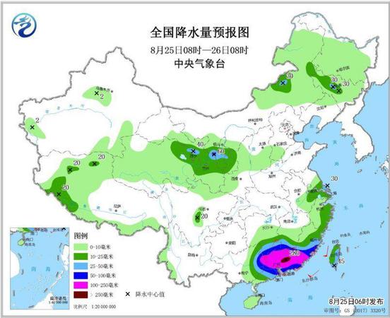 圖3 全國降水量預報圖(8月25日08時-26日08時)