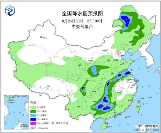 圖4 全國降水量預報圖(8月26日08時-27日08時)