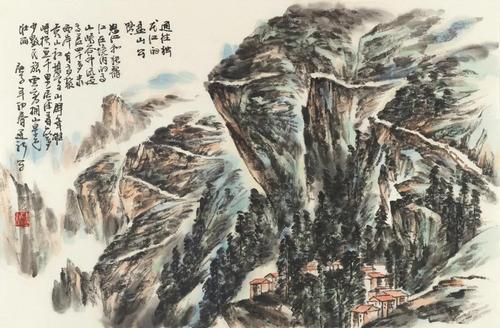 舒建新 通往獨(dú)龍江的盤山公路 紙本水墨設(shè)色 46×68cm 2020 年